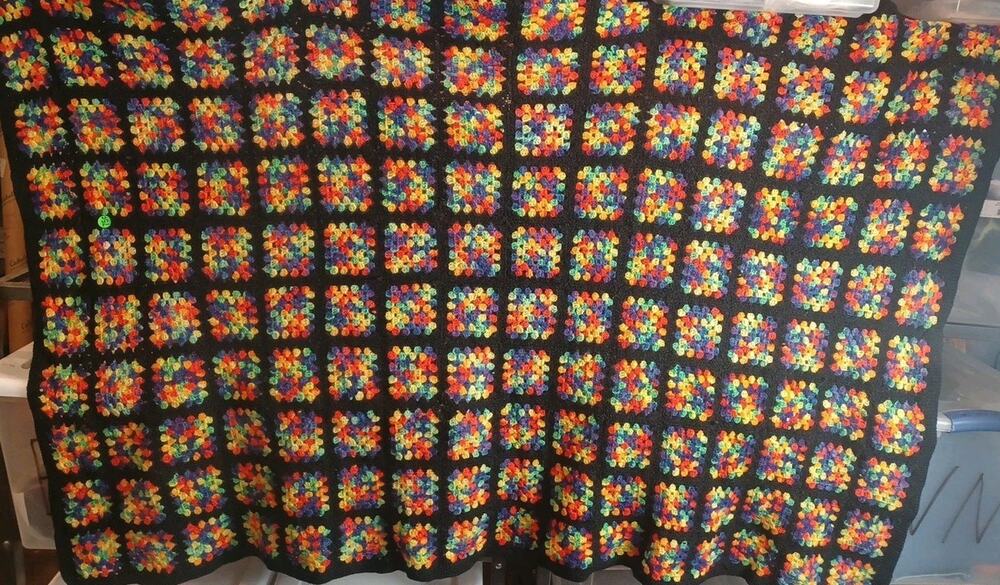 Vintage 70s Handmade Vibrant Crochet Knit Granny Square Throw Blanket 60 × 38